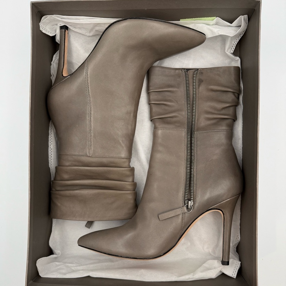 Halston Heritage Heather Leather Ankle Boots Taupe Grey 8.5 Pointed Toe Stiletto